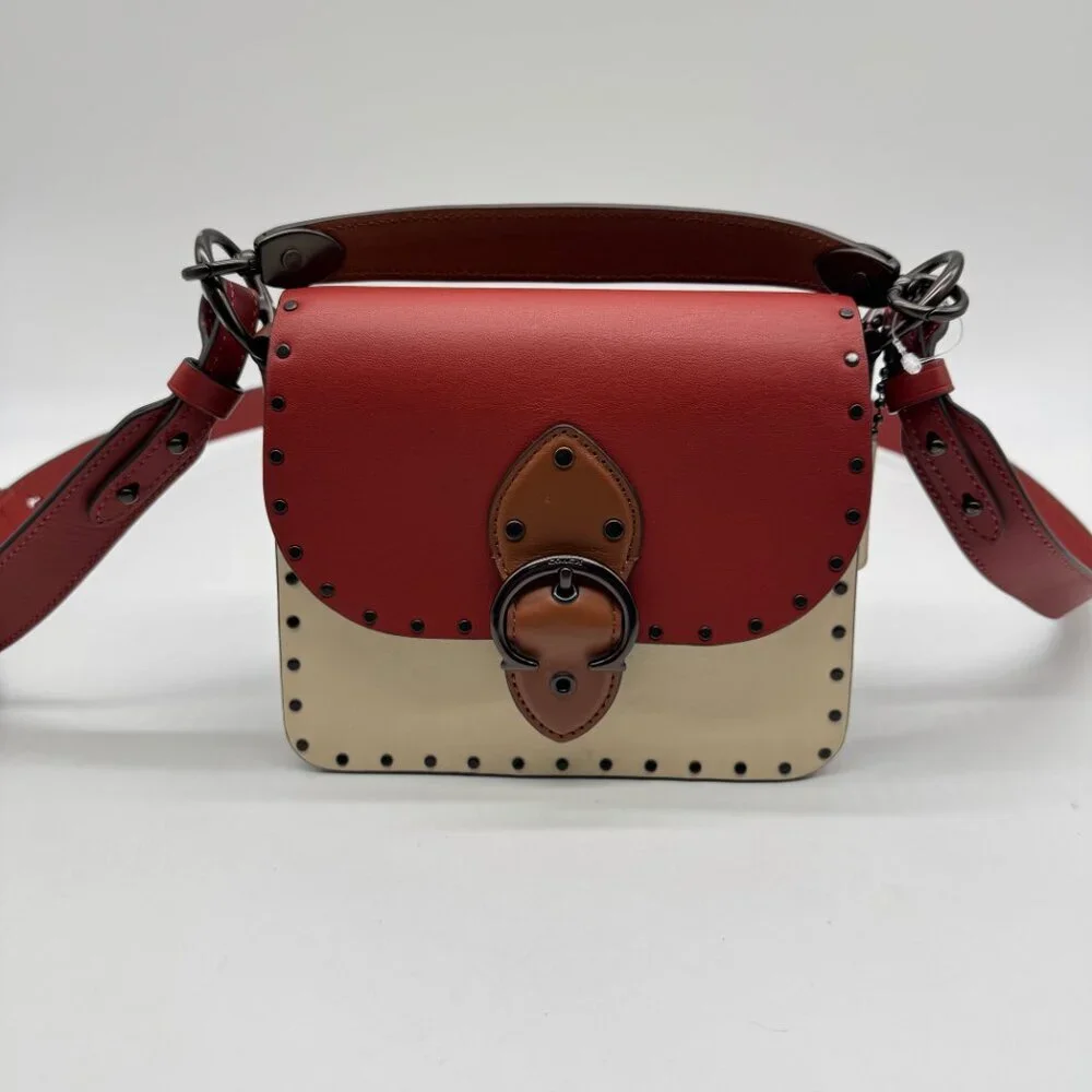 COACH Beat 18 rivets leather shoulder crossbody bag -Red Sand Ivory Tan - Picture 2 of 13